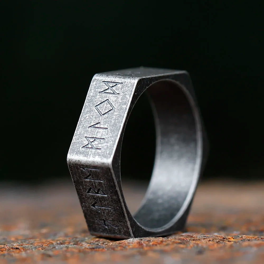 Hexagonal Rune Steel Ring
