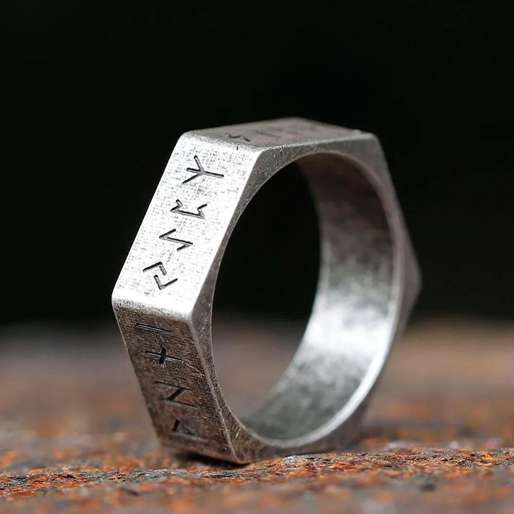 Hexagonal Rune Steel Ring